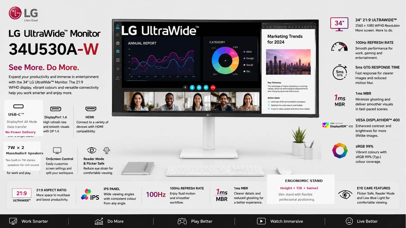LG 34U530A-W 34-inch UltraWide WFHD IPS Monitor, 2560×1080, 100Hz, 5ms GTG, 1ms MBR, VESA DisplayHDR 400, USB-C, DisplayPort, HDMI, 14W Stereo Speakers, Height/Swivel/Tilt Stand, White | 34U530A-W